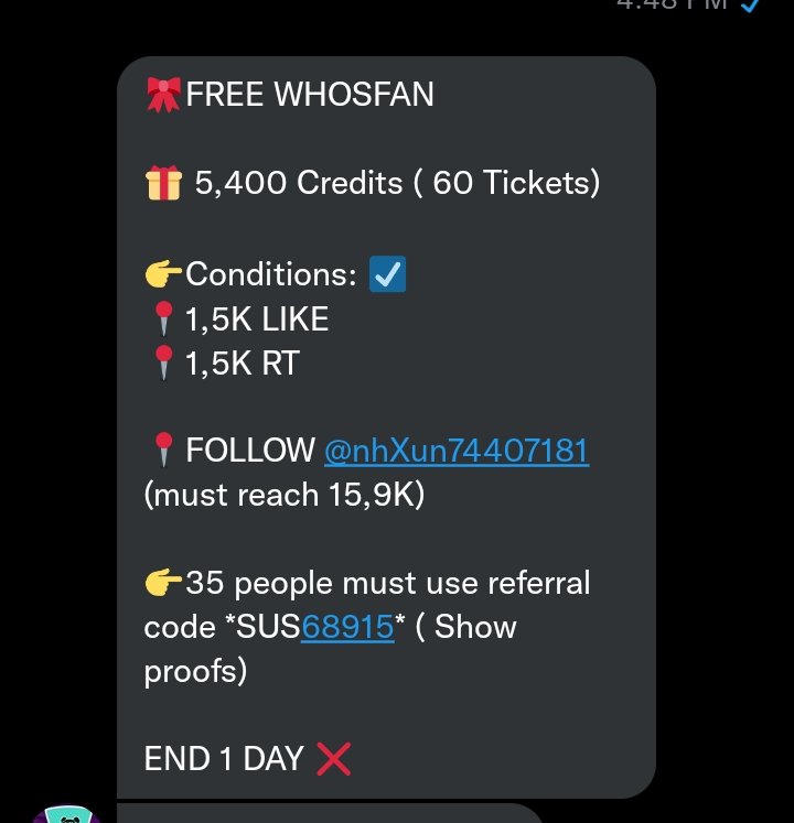 ! WHOSFAN DEAL FOR #JAY

🎁 5,400 Credits ( 60 Tickets) 

👉Conditions: ☑️
📍1,5K LIKE
📍1,5K RT
📍FOLLOW @nhXun74407181 (must reach 15,9K)  

👉35 people must use referral code *SUS68915* ( send proofs to <a href="/aub_pjsong/">aubrey.📵</a>)

🚨 END 1 DAY