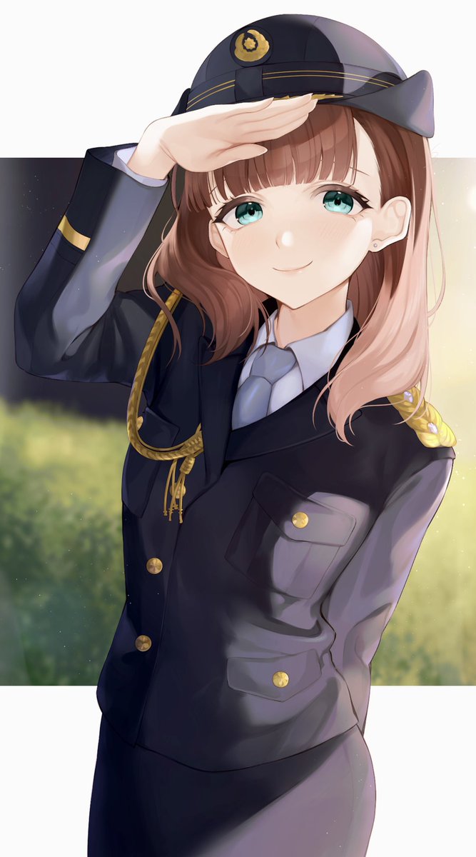 sakuma mayu 1girl solo necktie uniform brown hair smile salute  illustration images