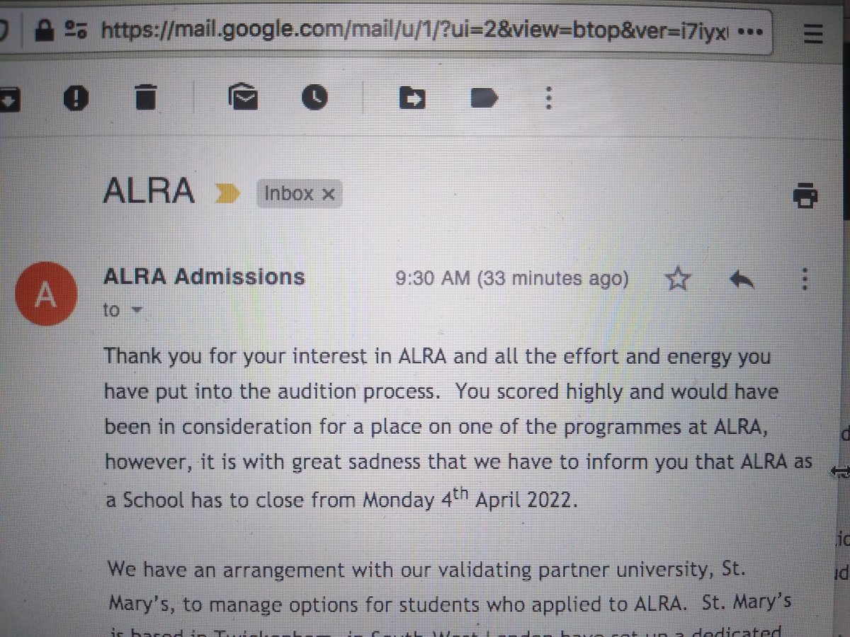 For anyone I've told about my application to MA Acting at ALRA North which I wanted sooo much, this just happened. I'm off to crawl up into a ball&amp;cry (for a bit). No wonder it was taking a long time. So sorry for all the staff and current students. Training in the North 🤷🏻‍♀️