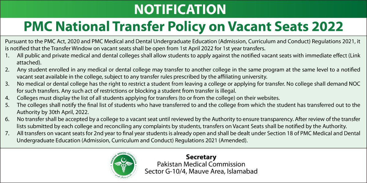 pmdcofficial's tweet photo. PMC National Transfer Policy on Vacant Seats 2022-Pursuant to the PMC Act,2020 &amp; PMC Medical &amp; Dental Undergrad Education (Admission, Curriculum &amp; Conduct) Regulations 2021,it is notified that the Transfer Window on vacant seats are open from 1st April 2022 for 1st year transfers https://t.co/7bxN9BFzQH