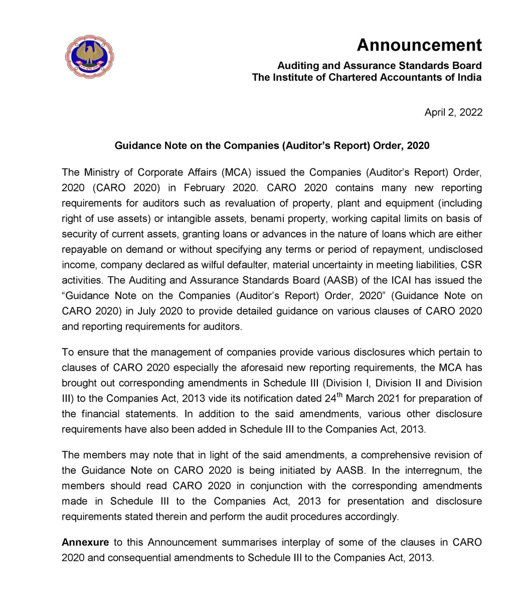 theicai's tweet photo. Auditing and Assurance Standards Board (AASB) of the ICAI has issued an Announcement on Guidance Note on the Companies (Auditor’s Report) Order, 2020
For more details please visit
https://t.co/7hnw0iynjp https://t.co/7TULH1fJBH
