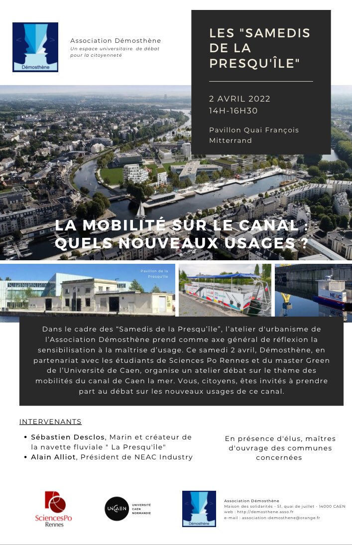 JoyauNicolas's tweet photo. ✔️ Les Mobilités sur le canal : quels nouveaux usages ? Avec l’asso Démosthène, @Sc_Po_Rennes &amp; les porteurs du projet de navette fluviale autonome NEAC au @LePavillonCaen : logistique dernier km, transports voyageurs : intérêts, contraintes et leviers d’un projet innovant. https://t.co/OhDOu7p4ZU