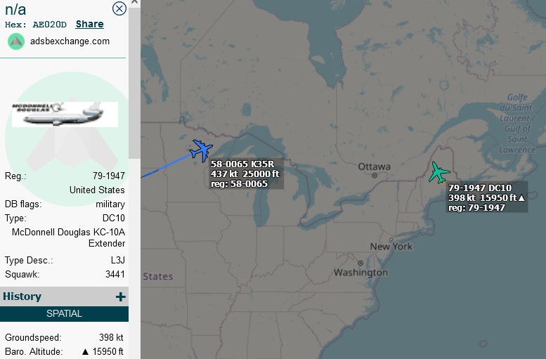 SirListenalot's tweet photo. #KC10 #AE020D as #ROMA91 out of Bangor/KBGR heading for a rendezvous with #KC135 #AE0242 as #ROMA92 and its chicks #TREND41 at point YFM https://t.co/vmolA9Wfkc