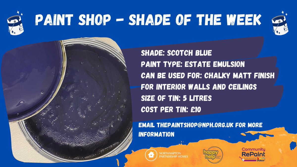 NPH_news's tweet photo. To celebrate our Paint Shop now opening on a Monday, 10am - 2pm, we're sharing a special discount on our #ShadeOfTheWeek.
You can get 50% off tins of Scotch Blue, which has a chalky matt finish and can be used on interior walls and ceilings. (1/2) https://t.co/w7Lpx8eJLg