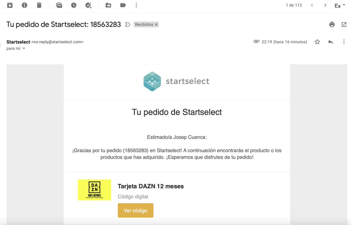 cortagas's tweet photo. @Startselect_com @DAZN_ES I bought an annual subscription on your website (order #18563283). I received the purchase code and was able to validate it on #DAZN website. However, the service has stopped working after two weeks and they tell me that I don’t have any payment plant with @DAZN_ES https://t.co/pTbO6e81hR