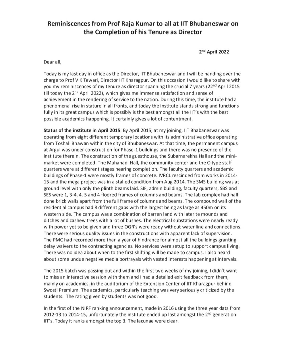 tka_ii's tweet photo. Dear Prof. R.V.Rajakumar, former @DirectorIit @iitbbs 
There was no need of your reminiscenes as we all are aware what a failure your tenure has been and how suffocating the students, faculty and staff were feeling.
A thread. https://t.co/mKa0jIOYUF