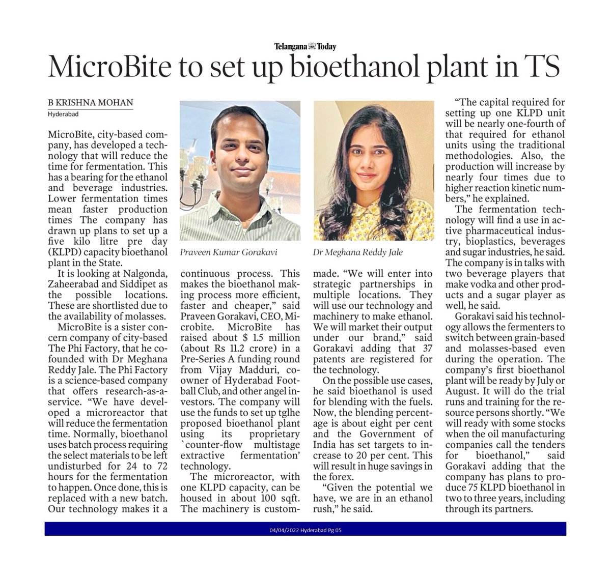 📌#FundingAnnouncement : @MicroBite_ , our sister concern company operating in the segment of #BioEthanol Production has raised $1.5mn in its Pre-SeriesA round. These funds will be utilised in building a 5KLPD Bioethanol plant that utilises our proprietary tech.#atmanirbharbharat