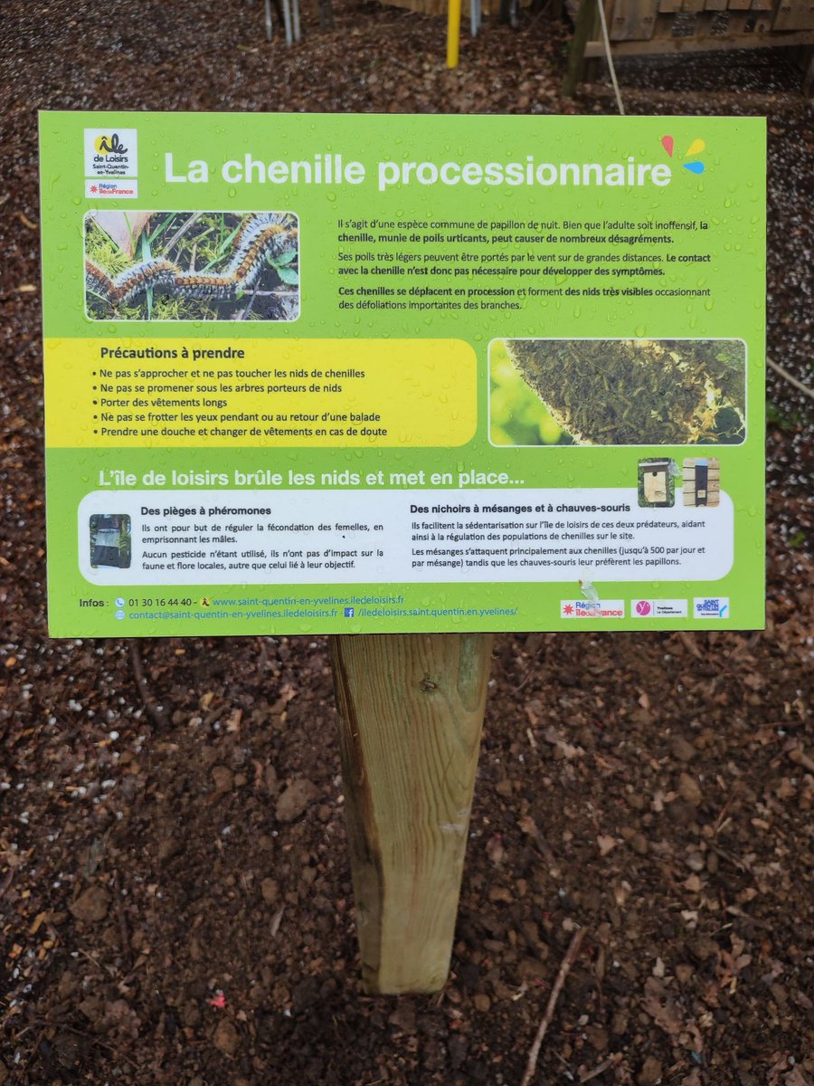 Informations chenilles processionnaires 
16 panneaux pédagogiques ont été installés sur l’île de loisirs pour expliquer ce que sont les chenilles, les zones à éviter et comportement à adopter pour limiter les risques. 
Les traitements préventifs auront lieu courant avril