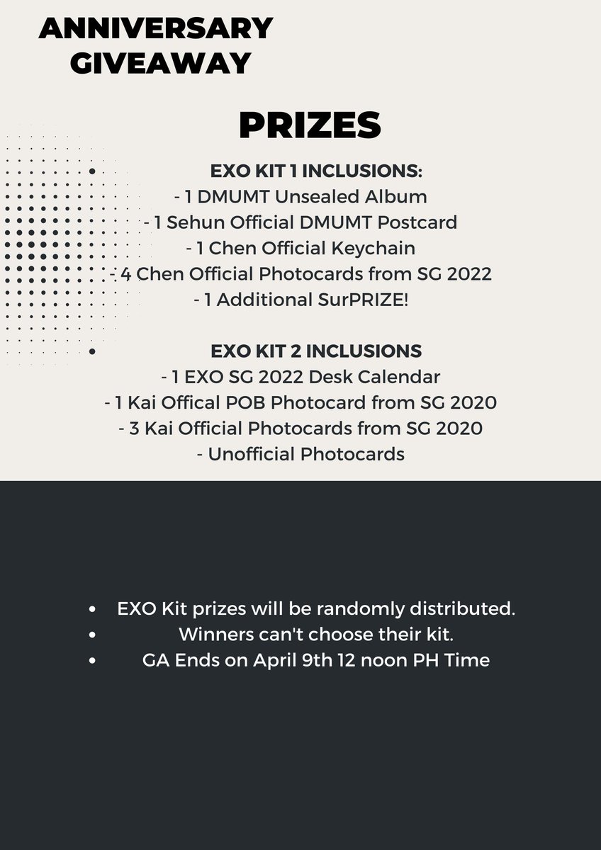 EriWolPH's tweet photo. « #EriwolPH_GA »

✨ EXO ANNIV GIVEAWAY ✨

Join this GA to celebrate EXO's anniversary with us!❤️ Check photos below for the mechanics and reminders😉

📌 Local sf shouldered by twitter winner
📌 PH only
📌 Will post photo of the prizes on the replies soon
📌 ends on 4/9 12 NOON https://t.co/yNZw1xKjB3