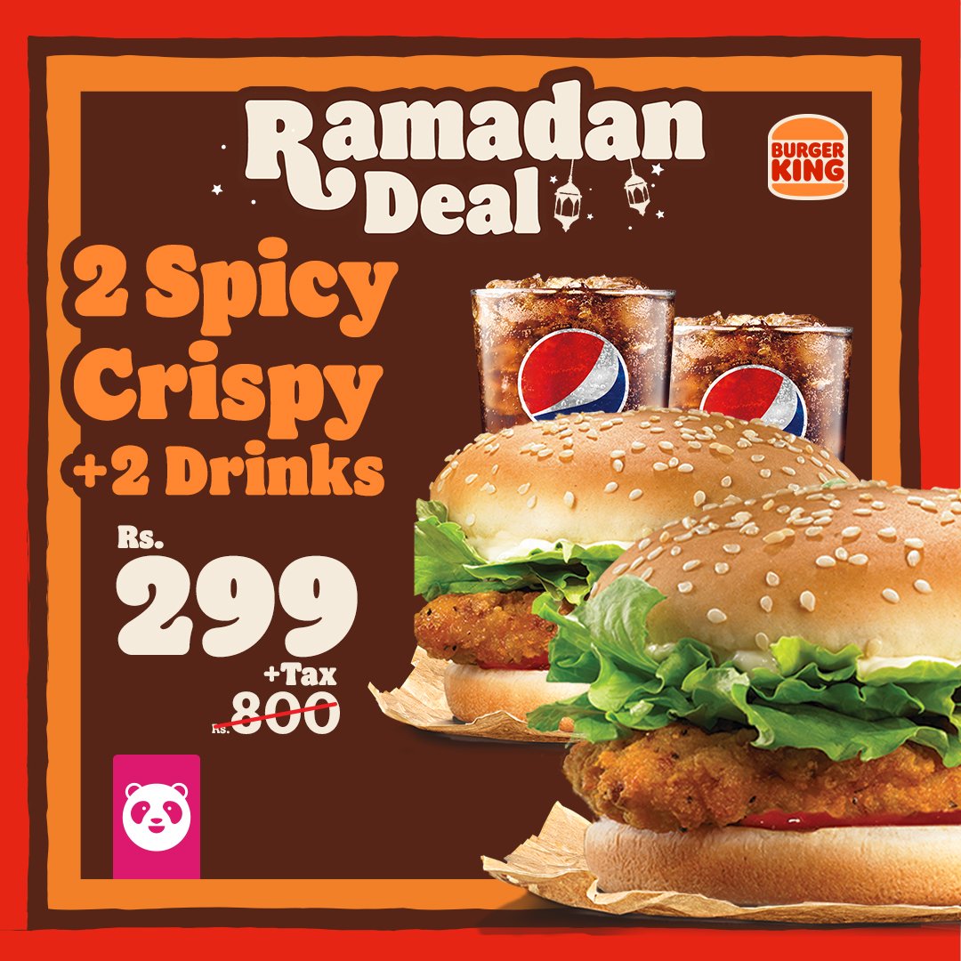 BurgerKingPak's tweet photo. Get a well- deserved break  from cooking and Enjoy Burger King Ramadan Deal offers starting from Rs.199 

Order on 021-111-11-25-25  or visit nearest outlet.

#burgerkingpakistan #burgerking #beyourway #foodpanda https://t.co/KTsYMR63ri