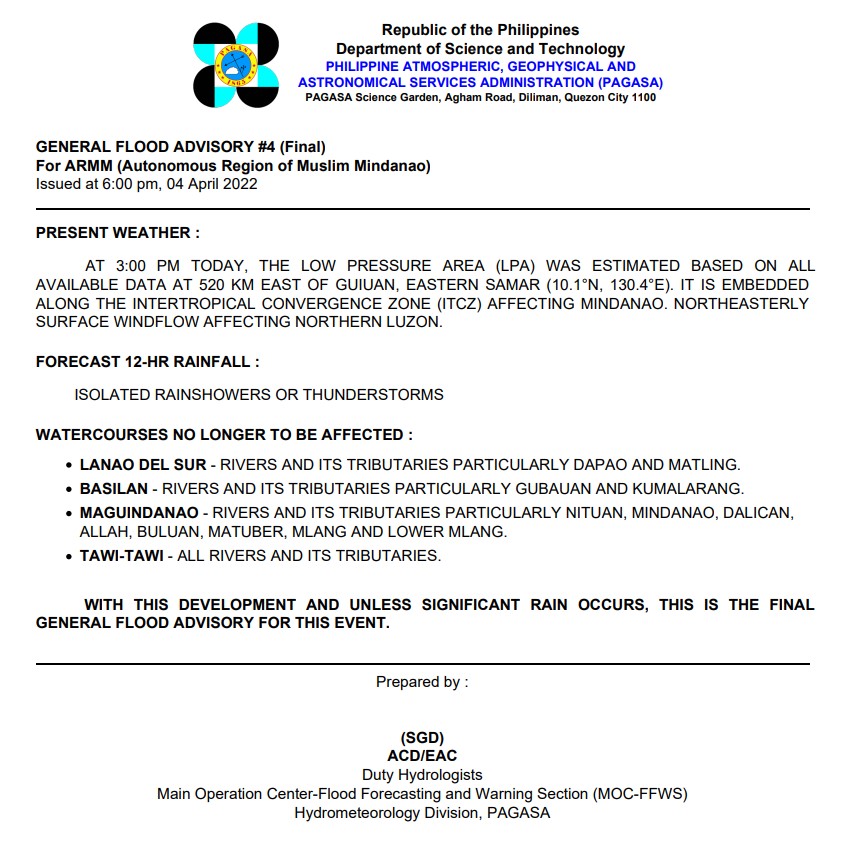 dost_pagasa's tweet photo. General Flood Advisories (GFAs) 
Issued @ 6PM, 04 April 2022

CAR (Cordillera Administrative Region)  - #GFA3
Region 2 (Cagayan Valley) - #GFA3
Region 9 (Zamboanga Peninsula)  - #GFA5 (Final)
BARMM  - #GFA4 (Final) https://t.co/cf9FEjbww4