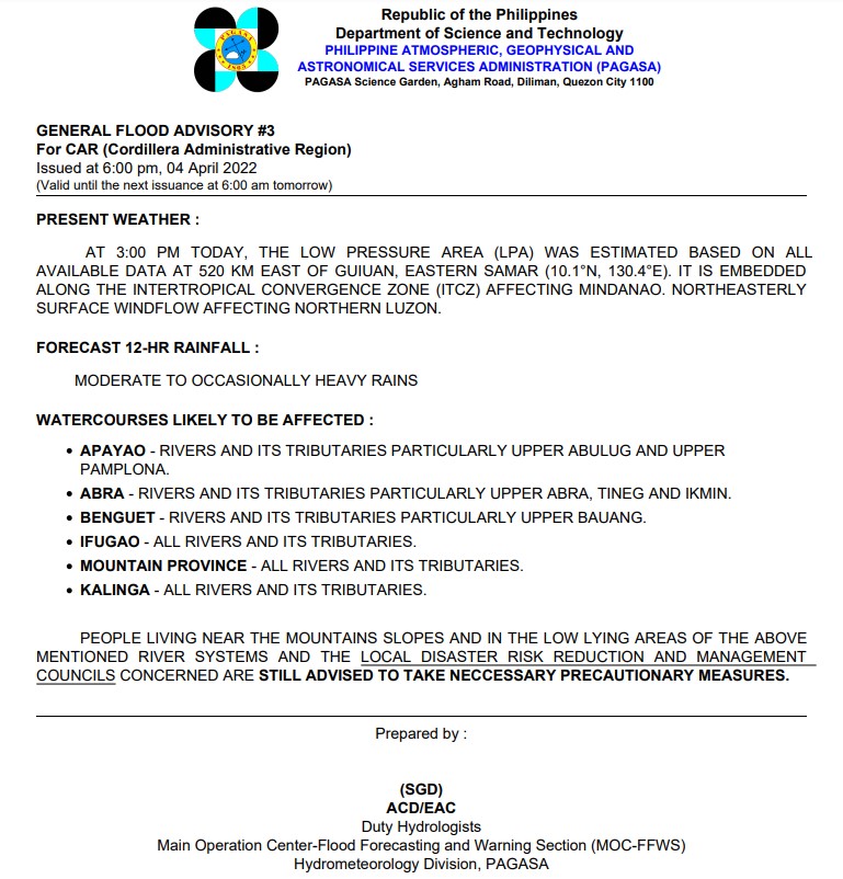 dost_pagasa's tweet photo. General Flood Advisories (GFAs) 
Issued @ 6PM, 04 April 2022

CAR (Cordillera Administrative Region)  - #GFA3
Region 2 (Cagayan Valley) - #GFA3
Region 9 (Zamboanga Peninsula)  - #GFA5 (Final)
BARMM  - #GFA4 (Final) https://t.co/cf9FEjbww4