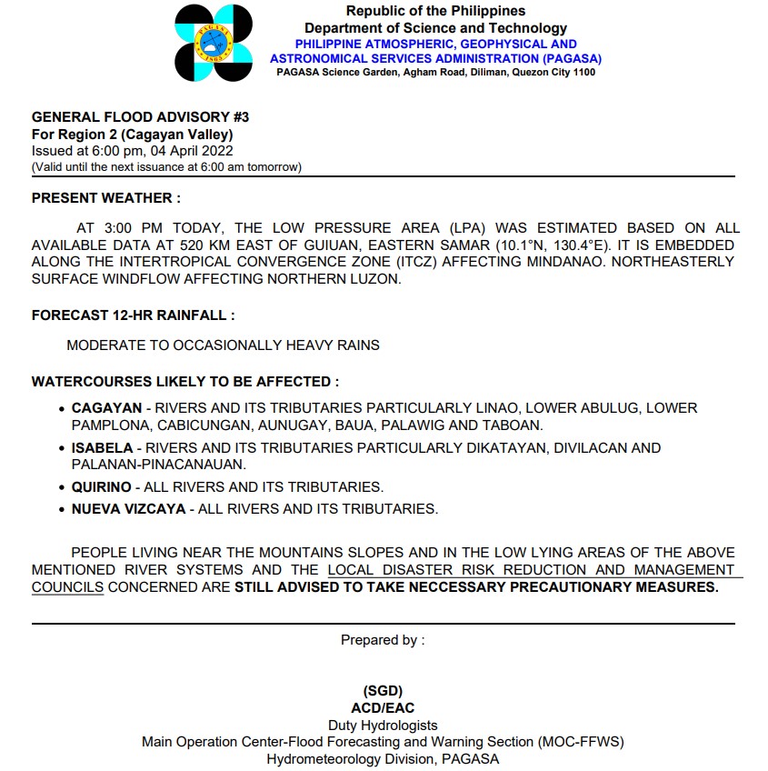 dost_pagasa's tweet photo. General Flood Advisories (GFAs) 
Issued @ 6PM, 04 April 2022

CAR (Cordillera Administrative Region)  - #GFA3
Region 2 (Cagayan Valley) - #GFA3
Region 9 (Zamboanga Peninsula)  - #GFA5 (Final)
BARMM  - #GFA4 (Final) https://t.co/cf9FEjbww4