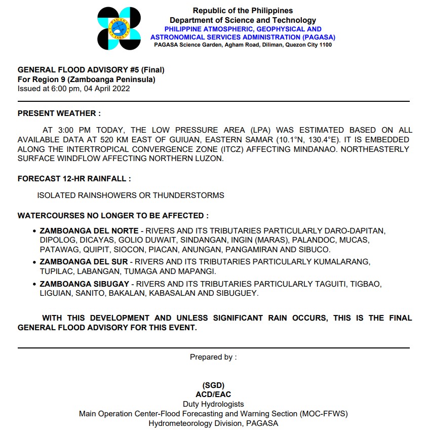 dost_pagasa's tweet photo. General Flood Advisories (GFAs) 
Issued @ 6PM, 04 April 2022

CAR (Cordillera Administrative Region)  - #GFA3
Region 2 (Cagayan Valley) - #GFA3
Region 9 (Zamboanga Peninsula)  - #GFA5 (Final)
BARMM  - #GFA4 (Final) https://t.co/cf9FEjbww4
