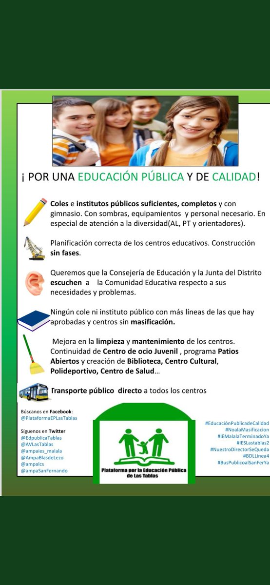 EdPublicaTablas's tweet image. Resumen de necesidades y problemas relacionados con la #EducacionPublica en el barrio de #LasTablas

#EducacionPublicadeCalidad. 
#NoalaConstruccionPorFases
#Noalamasificación 
#NuestroDirectorSeQueda
#IESLasTablas2
#BusPublicoalSanFerYa