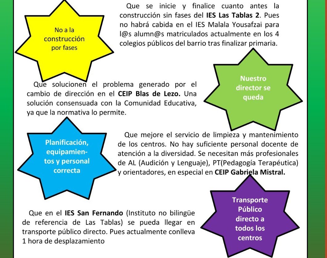 EdPublicaTablas's tweet image. Resumen de necesidades y problemas relacionados con la #EducacionPublica en el barrio de #LasTablas

#EducacionPublicadeCalidad. 
#NoalaConstruccionPorFases
#Noalamasificación 
#NuestroDirectorSeQueda
#IESLasTablas2
#BusPublicoalSanFerYa