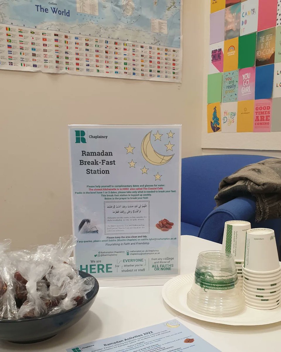 RoeChaplaincy's tweet photo. Break-Fast Stations are located in:

-The Coexist Cafe, H003, Howard.
-The Coexist Corner, G021 Parkstead House (Whitelands College)
-Southlands College Community Hub.

Complimentary dates, and cups for water provided for all students and staff.
@sabiha_chaplain @RoehamptonUni https://t.co/X8bewfTpWZ