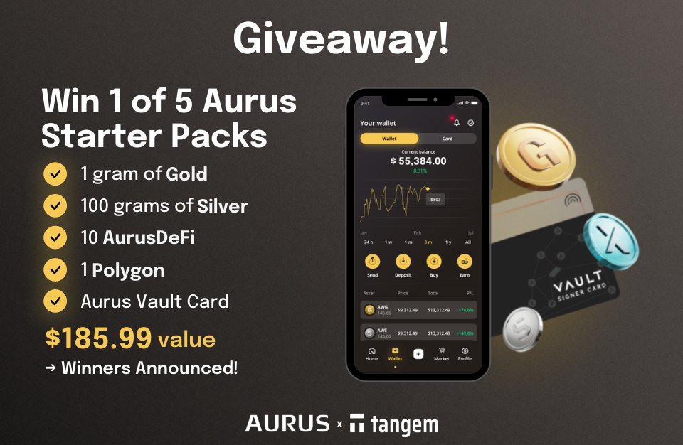 AurusOfficial's tweet photo. Aurus starter packages winners! #Win1kAurus 🏆
1st: Gideon C
2nd: Alex P
3rd: Adam S
4th: Ebgeni K
5th: Francisco O
Thanks to @Tangem and everyone who participated in this #Giveaway! Aurus Starter Packages available for just $149.99 ($̶1̶8̶5̶.̶9̶9̶) → https://t.co/uoKaANWVSp https://t.co/QEliMWlg05
