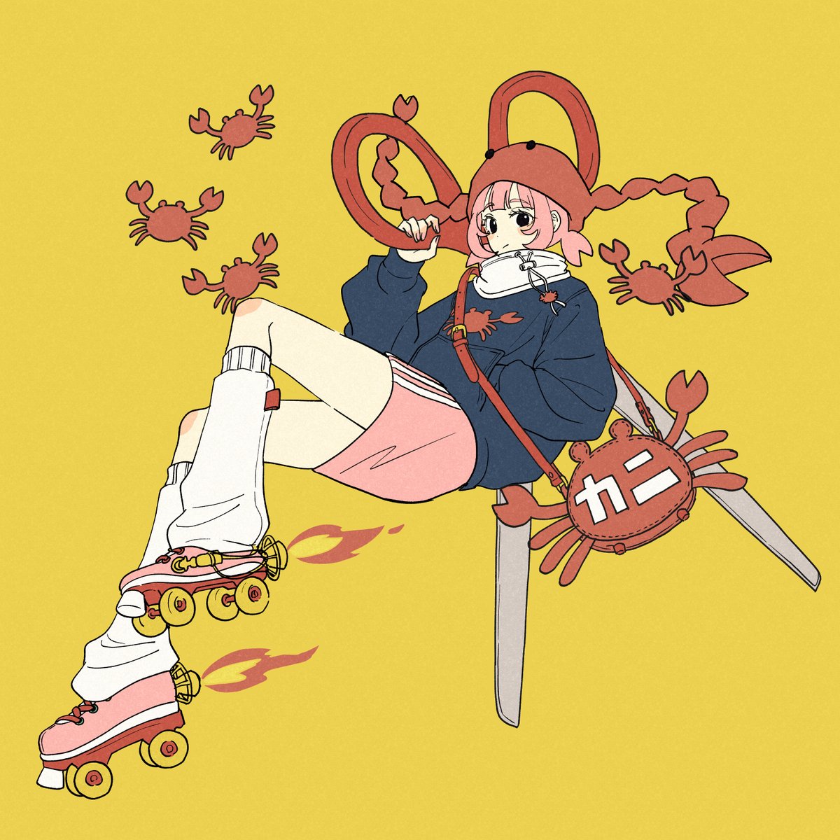 1girl solo roller skates pink hair crab pink skirt yellow background  illustration images