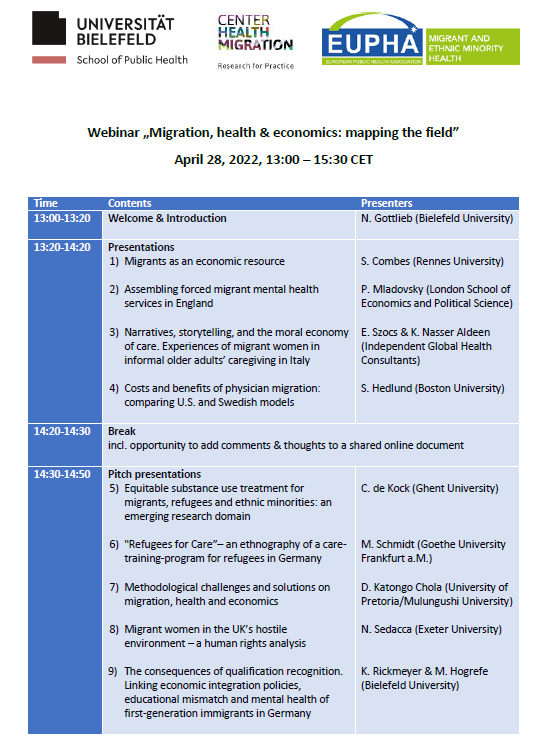 NoraGottlieb's tweet photo. How do #migration #Health and #Economics interrelate?
What are the costs of exclusion?
Who benefits from migration?
What evidence do we have?
And - does evidence matter?

If you're interested in these kinds of questions, come to our webinar! 👇
28.4.22, 13-15:30 CET https://t.co/QsyHfeBPwD
