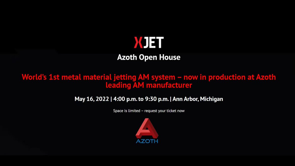 XJet_3d's tweet photo. Join us in the Azoth 3D + XJet Open House Evening!
We'll run a live demo session of our Carmel 1400M #metal system at Azoth facility in Ann Arbor, with finger food and great vibes!
Registration via https://t.co/NxXZTK45jI.
#metalAM #xjet3d #metal3dprinting https://t.co/PqhINrXmVS