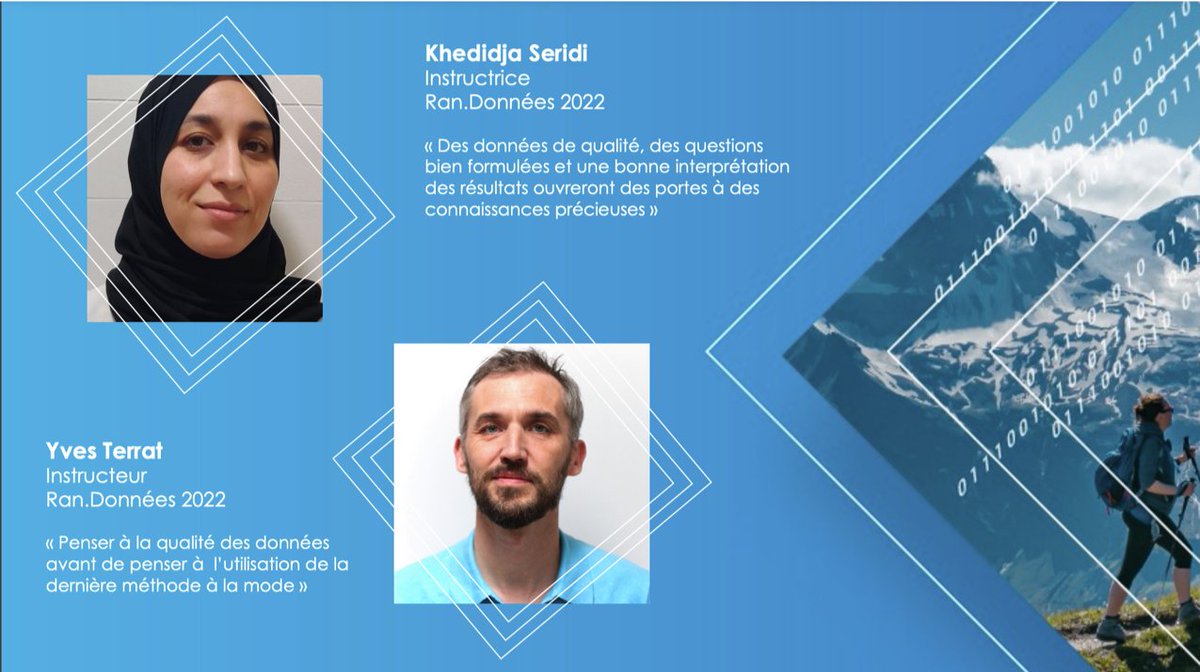 👏 Nous sommes très fier.e.s de vous présenter nos instructeurs.trices et mentors.es du Ran.Données 2022. Merci à Khedidja Seridi et Yves Terrat!
🗓️ Ne manquez pas les présentations Randonnées les 6 et 13 avril (17h00-19h00) : lnkd.in/du36Esvm