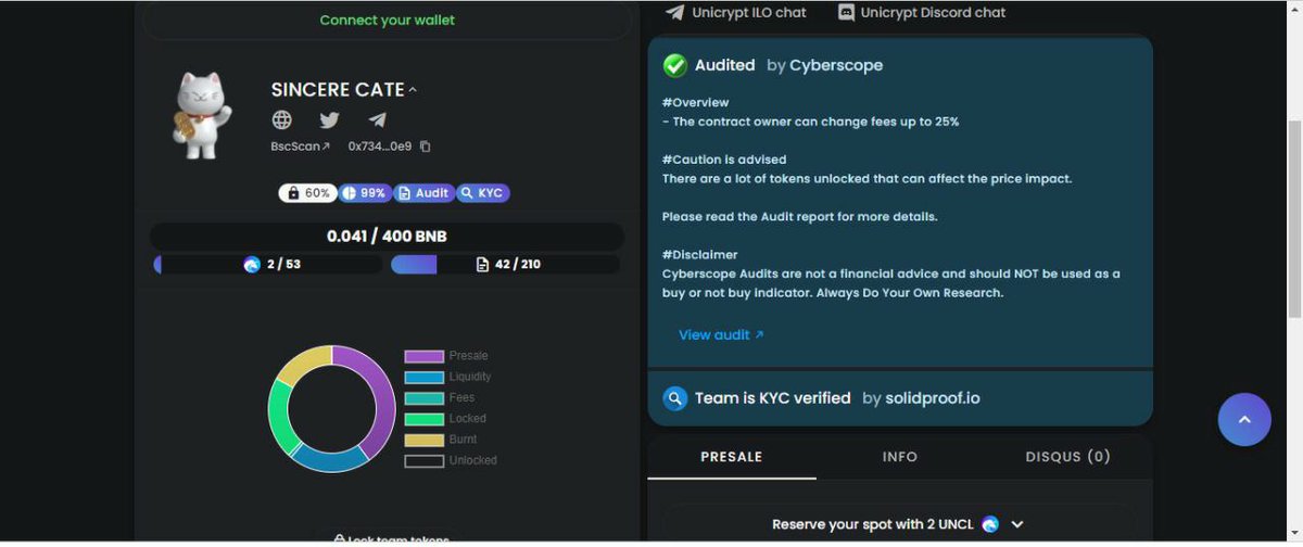 SincereCate's tweet photo. SINCERE CATE PROTOCOL is Thrilled to Announce its First KYC Document with Solidproof ! 🥳🥳
KYC+AUDIT is completed as we love to Deliver A Safe , Transparent Product to Community.
Audit Done with Cyberscope ✅
Today We have done our Doxed KYC Team Verification.
#SCATE #BNB https://t.co/QPpQ38HBSF