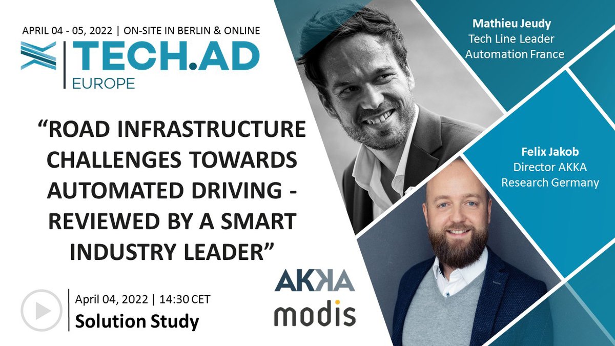 akkodis_de's tweet photo. AKKA & Modis - soon to be Akkodis - bei der https://t.co/1jeHvMQOSU: Felix Jakob, Director AKKA Research Germany, & Mathieu Jeudy, Tech Line Leader Automation France, halten eine spannende Keynote zum Thema "Road Infrastructure Challenges Towards Automated Driving". #TechADEurope https://t.co/WD8rcvyYrm