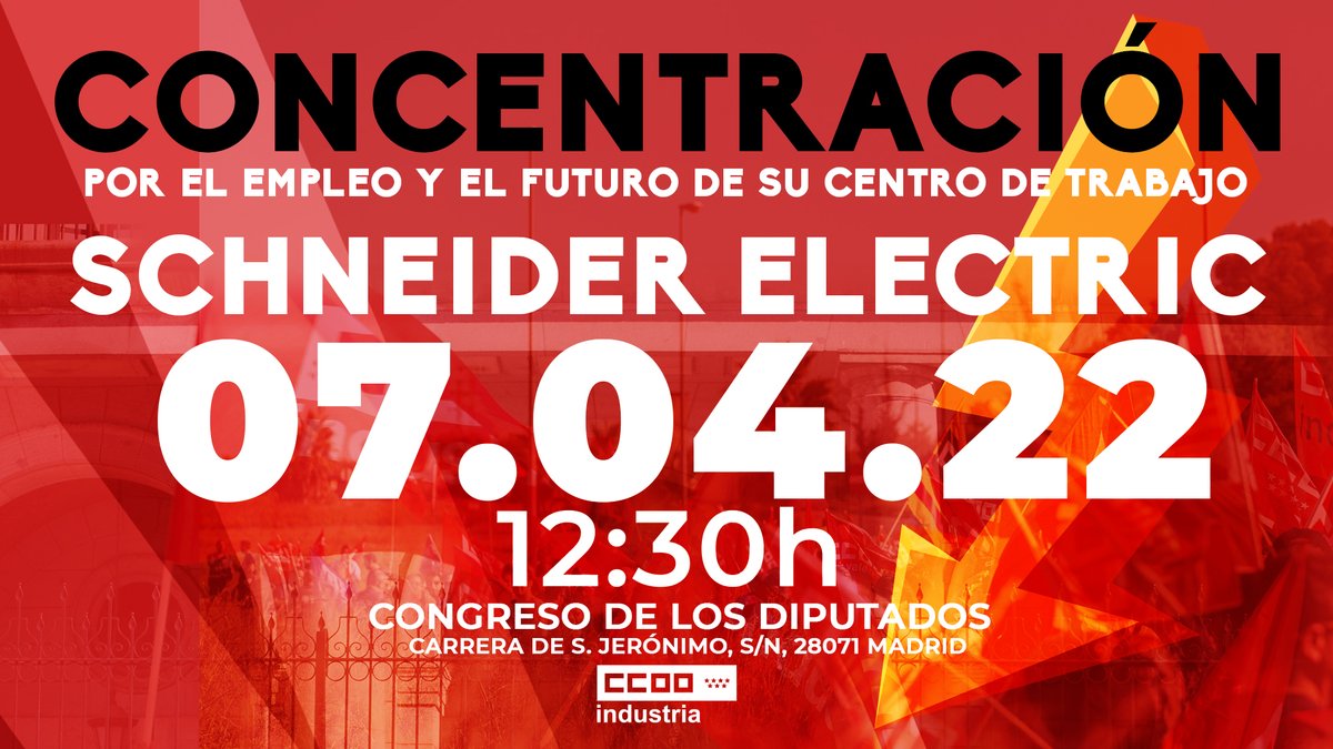 SCHNEIDER GRIÑÓN VUELVE A LAS MOVILIZACIONES EN DEFENSA DEL EMPLEO

📅7.04.2022
🕛12:30h
🌍Congreso de los Diputados (Madrid)

Por mantenimiento del empleo y el futuro de la planta que tiene <a href="/SchneiderMX/">Schneider Electric</a> en #Griñón

<a href="/grinon_lucha/">CC.OO Schneider Griñón</a>