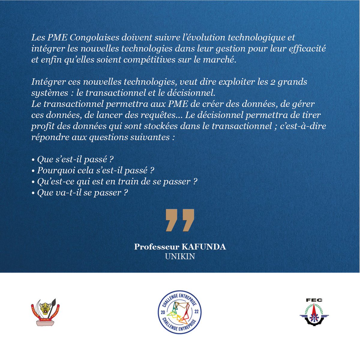 PmeFec's tweet photo. #ChallengeEntrepriseCNPME Conclusion du Professeur Kafunda de l' @Unikinrdc lors du 2e Panel qui portait sur  l'impact du numérique dans la croissance des PME 🇨🇩 https://t.co/ryTdbqrj5w