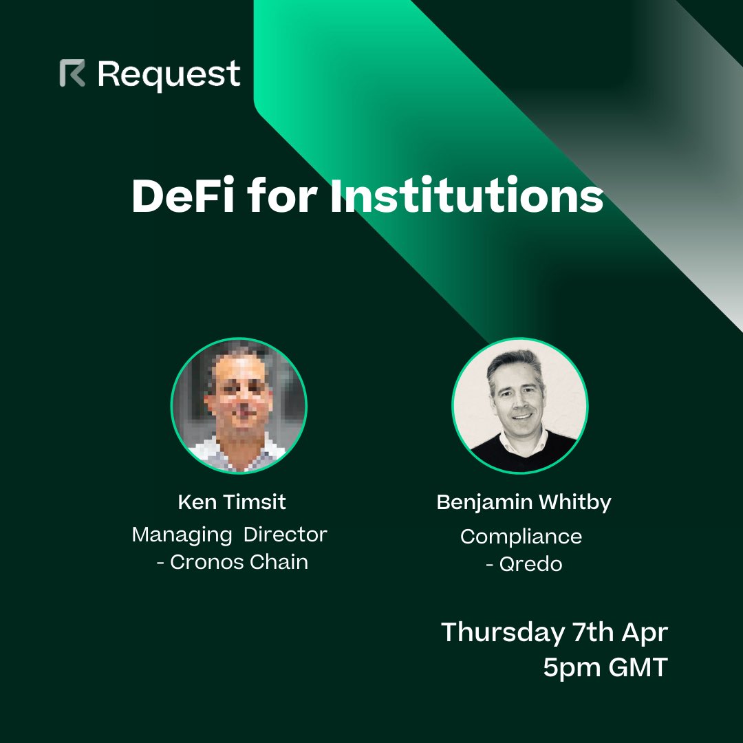 RequestNetwork's tweet photo. Institutional DeFi is at an exciting moment of its adoption cycle, with the infrastructure ready for safe &amp; secure investment.

Guests;
@kentimsit from @cronosapp
@benjaminjwhitby from @QredoNetwork

🗓 Thursday 7th Apr
⏰ 5pm GMT

Set Reminder - https://t.co/uvxe9WIX57 https://t.co/AP1ykGThyL