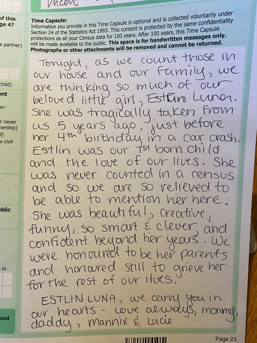 Feeling such comfort today after filling in the time capsule section in the #Census2022 last night. Estlin never was counted in a census but 100+ yrs from now she will be remembered & our ancestors will be able to read about her. Just incredible.