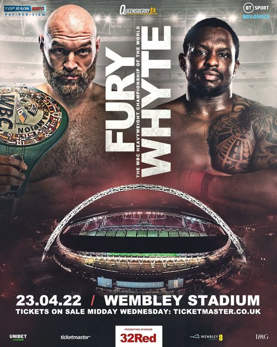 TYSON FURY (@tysonfuryfury) on Twitter photo Three weeks to go until the biggest all-British world title fight in recent history.
And. STILL.
🏆 WBC Heavyweight Title
⭐
<a href="/Tyson_Fury/">TYSON FURY</a>
🆚 Dillian Whyte
📍
@WembleyStadium
, London
📅 April 23
📺 BT Sport Box Office / ESPN PPV
#FuryWhyte #TysonFury #DillianWhyte #Boxing Three weeks to go until the biggest all-British world title fight in recent history.
And. STILL.
🏆 WBC Heavyweight Title
⭐
<a href="/Tyson_Fury/">TYSON FURY</a>
🆚 Dillian Whyte
📍
@WembleyStadium
, London
📅 April 23
📺 BT Sport Box Office / ESPN PPV
#FuryWhyte #TysonFury #DillianWhyte #Boxing