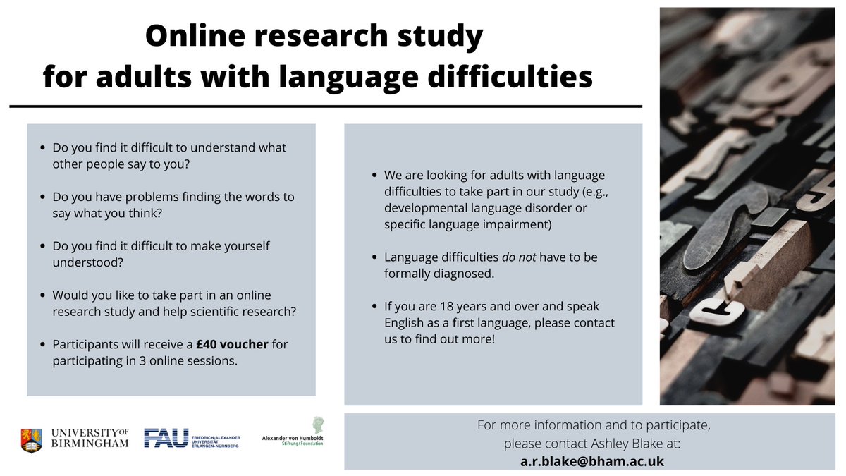ashleyrblake's tweet photo. Please help us to learn more about adults language difficulties by taking part in our research study. The study is online so can be done from the comfort of your home! Contact a.r.blake@bham.ac.uk for info. Pls RT!  #DevLangDis #ThinkLanguage #ThinkDLD 
@RADLDcam https://t.co/K1uuvRkIVD