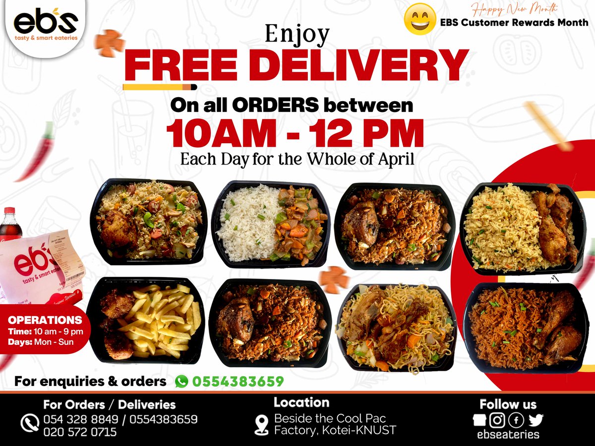 ebseateries's tweet photo. ENJOY FREE DELIVERY on all ORDERS between 10AM - 12PM each day through the MONTH of APRIL. Its our Customer Rewards Month https://t.co/8panSOJWUw