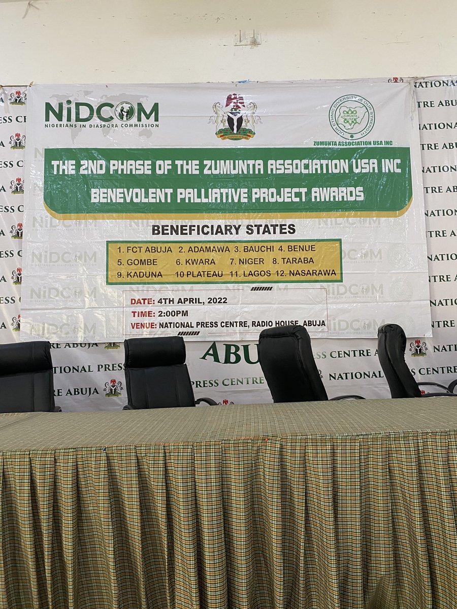 nidcom_gov's tweet photo. THE 2ND PHASE OF THE ZUMUNTA ASSOCIATION USA INC
BENEVOLENT PALLIATIVE PROJECT AWARDS
BENEFICIARY STATES

DATE: 4TH APRIL, 2022
TINE: 2:00PM
VENUE: NATIONAL PRESS CENTRE, RADIO HOUSE ABUJA PRESS CENTRE https://t.co/ogTzmDONe1