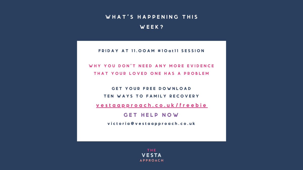 Vestaapproach's tweet photo. Catch the #10at11 session Friday at 11am.

This is a weekly 10 minute session on #addiction and #familyrecovery

This week is...

⭐WHY YOU DON'T NEED ANY MORE EVIDENCE THAT YOUR LOVED ONE HAS A PROBLEM⭐
 
Get your free top ten family recovery tips
https://t.co/dnUTfkJ6i2 https://t.co/gc8tsZc2id