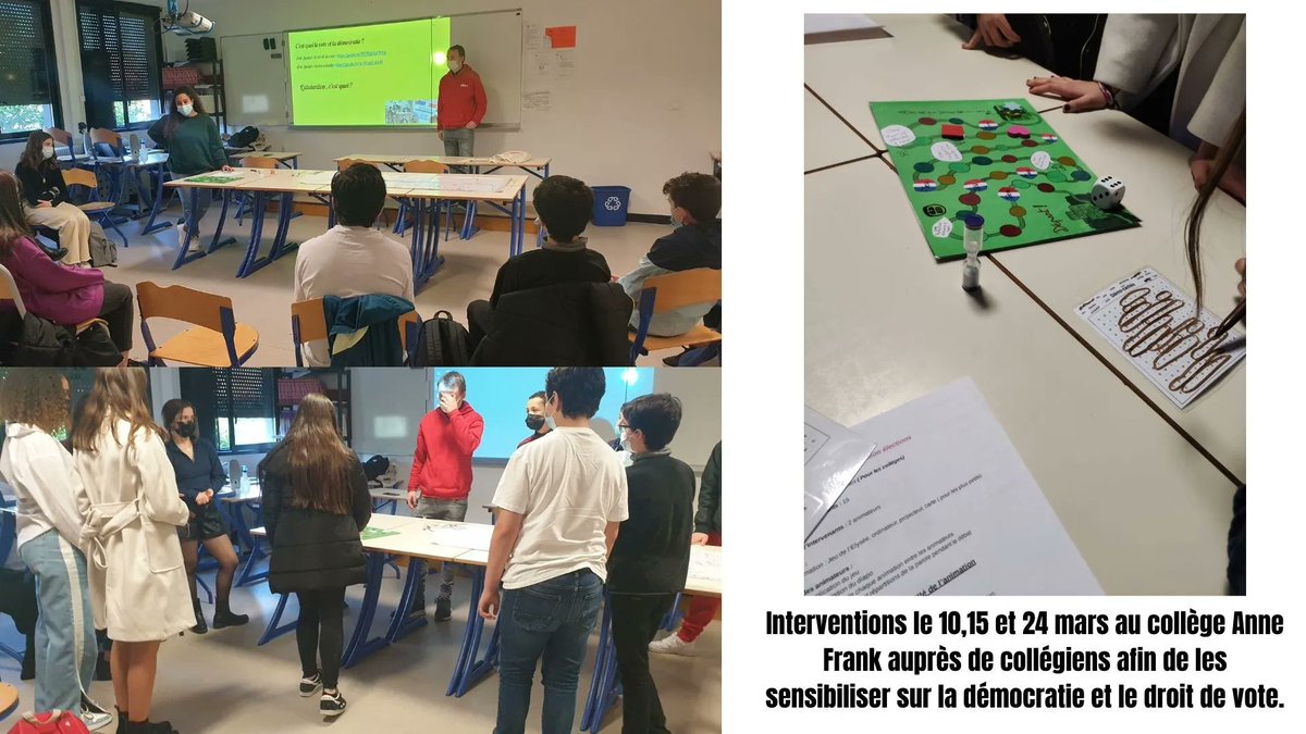 Retour en images sur les interventions du 10, 15 et 24 mars de Khaoula et Vincent, volontaire en service civique dans le collège Anne Frank afin de sensibiliser des jeunes collégiens sur le sujet de la démocratie et le droit de vote.