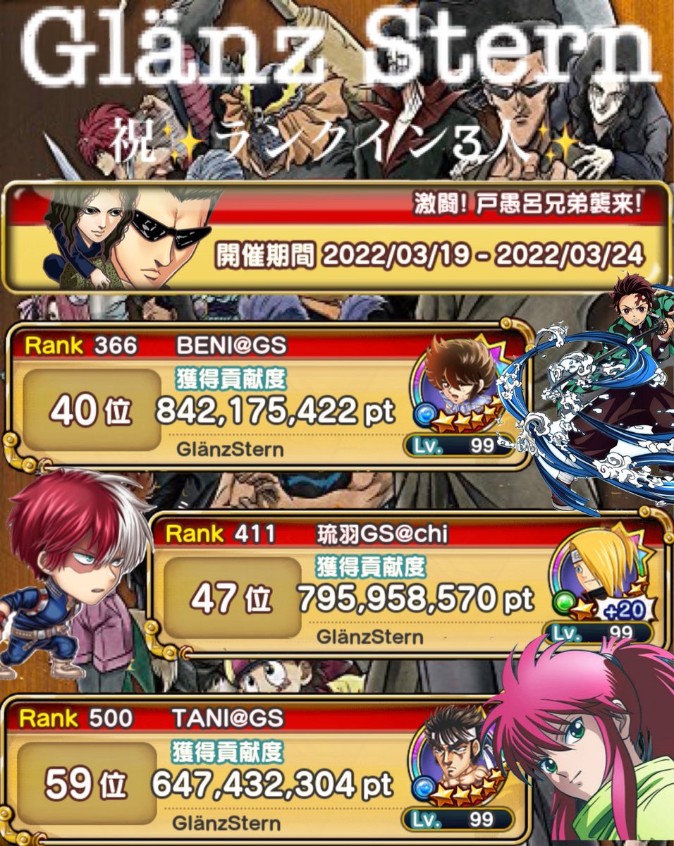 ru_o7o1's tweet photo. Glänz Stern
無事皆様のいいね、RTで
満員となりました！

また欠員が出た場合
募集させて頂くと思いますので
その時にまたお問い合わせください！

今のGSはホントに
毎日会話もあり
良いチームだと思います！

マルチ番号も決まりました🥰

#ジャンプチ
#ジャンプチチーム
#ジャンプチ4周年 https://t.co/o5Zg46nR3W