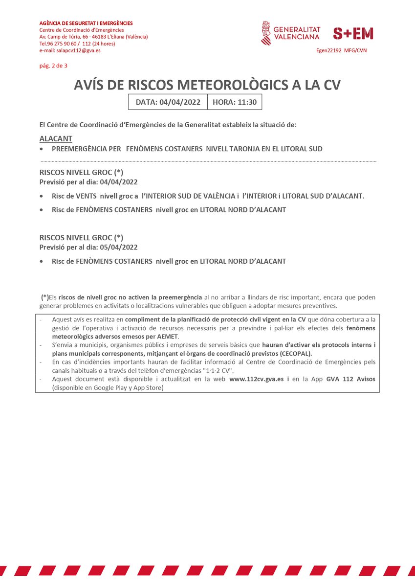 ⚠️El Centro de Coordinación de Emergencias actualiza sus avisos de riesgos meteorológicos:

🟠🌊Preemergencia naranja por fenómenos costeros en el litoral sur de Alicante
🟡🍃Riesgo amarillo por vientos en el interior sur de Valencia e interior y litoral sur de Alicante