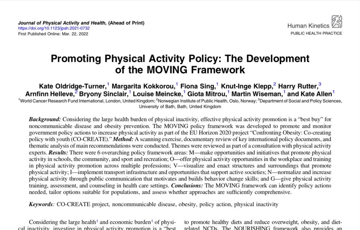 HOT OFF THE PRESS 🔥 
New paper in <a href="/JPAHjournal/">Journal of Physical Activity & Health</a> on the #MOVING policy framework that draws together all the key recommendations for #PhysicalActivity policy into a one-stop shop visual tool!
📚Read more here: journals.humankinetics.com/view/journals/… #WDPA2022