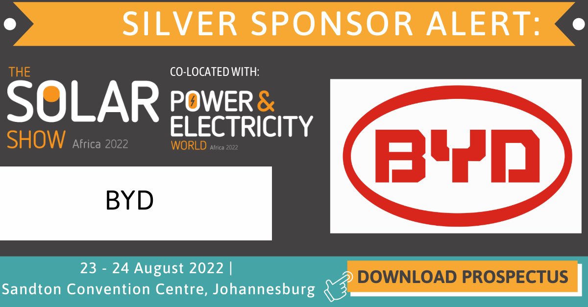 SolarStorageAfr's tweet photo. 📣 Silver Sponsor Alert 📣

We are proud to announce that @BYD will be joining us at the Solar Show Africa, co-located with Power &amp; Electricity World Africa, as a Silver Sponsor this August. 

Get involved today: https://t.co/t16zPF65P8 

 #thesolarshow #pewa2022 https://t.co/KfaXQVTtTO