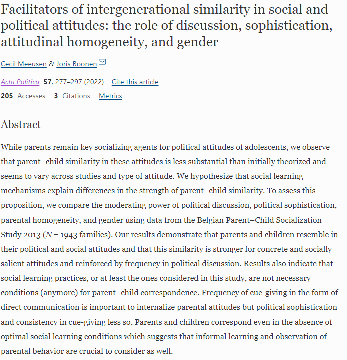 ActaPolitica's tweet photo. In article 3, @CecilMeeusen and @JorisBoonen focus on intergenerational similarity in social and political attitudes, using data from the Belgian Parent-Child Socialization Study.

Read it here: https://t.co/QPo9Z8W2qN (4/12) https://t.co/GdLgFbyzv4