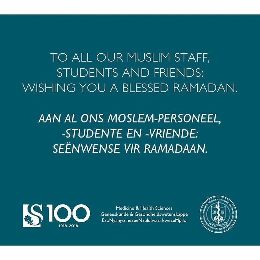 To all our Muslim staff, students and friends: Wishing you a blessed Ramadan.

-----

Aan al ons Moslem-personeel, -studente en -vriende: Seënwense vir Ramadaan.
