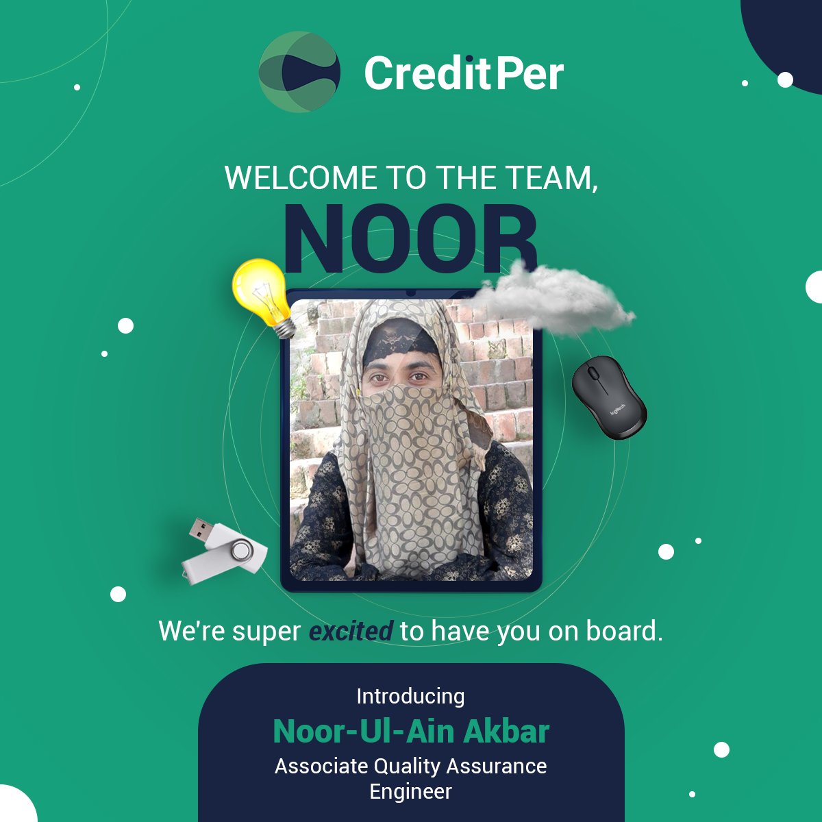 CreditPerPk's tweet photo. We're thrilled to welcome Noor-ul-Ain to the CreditPer team as Associate QA Engineer. Noor has joined us after completing her masters from COMSATS, before which she was an educator.

#JoChaho #CreditPer #WelcomeToTheTeam #PakistaniStartups #BorrowingMadeEasy #BuyingMadeEasy https://t.co/Z1TGSZYATc