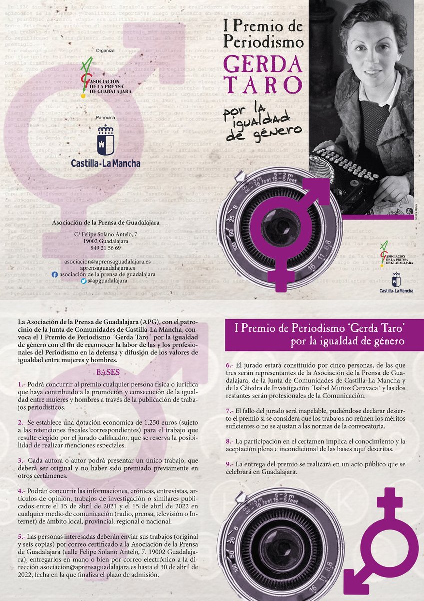 APGuadalajara's tweet photo. I Premio de Periodismo Gerda Taro, por la igualdad de género. El plazo de admisión de trabajos finaliza el 30 de abril. https://t.co/e7q7etNgbY