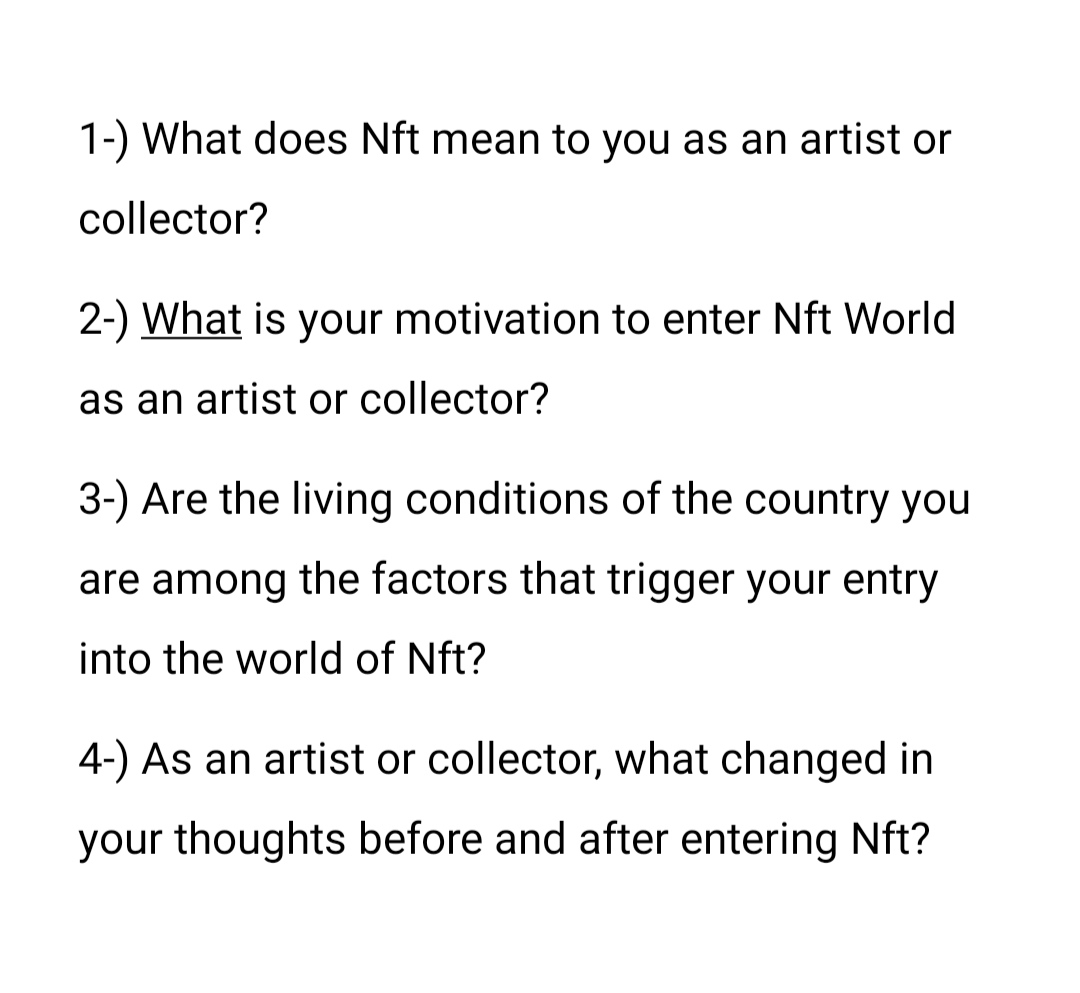 Hi fam! I'm writing a thesis to understand Nft for the next generation and to create a good resource by collecting data globally for this.I really need your ideas. It is very important that this tweet is spread and answered in the nft community. #NFTCommunity #NFTs