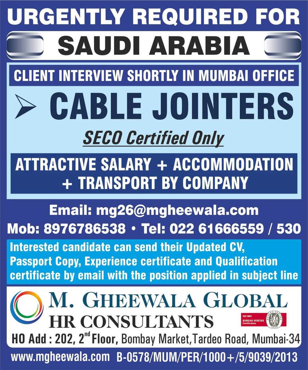 gulfjob8's tweet photo. Job Vacancies for #saudiarabia
Interested Candidates can send us the updated resume at mg26@mgheewala.com
#jobopening #saudiarabia #cablejointer #secocertified https://t.co/dScEBuoySy