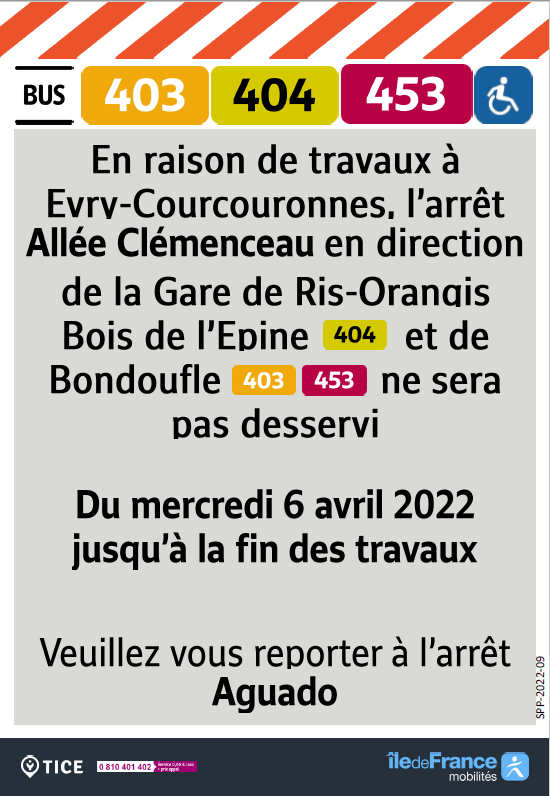 EvryEss_IDFM's tweet photo. #InfoTrafic L'arrêt Allée Clémenceau ne sera pas desservi à partir du 6 avril suite à des travaux. #bus403 #bus404 #bus453 🚌 https://t.co/JMA8Nyygbn