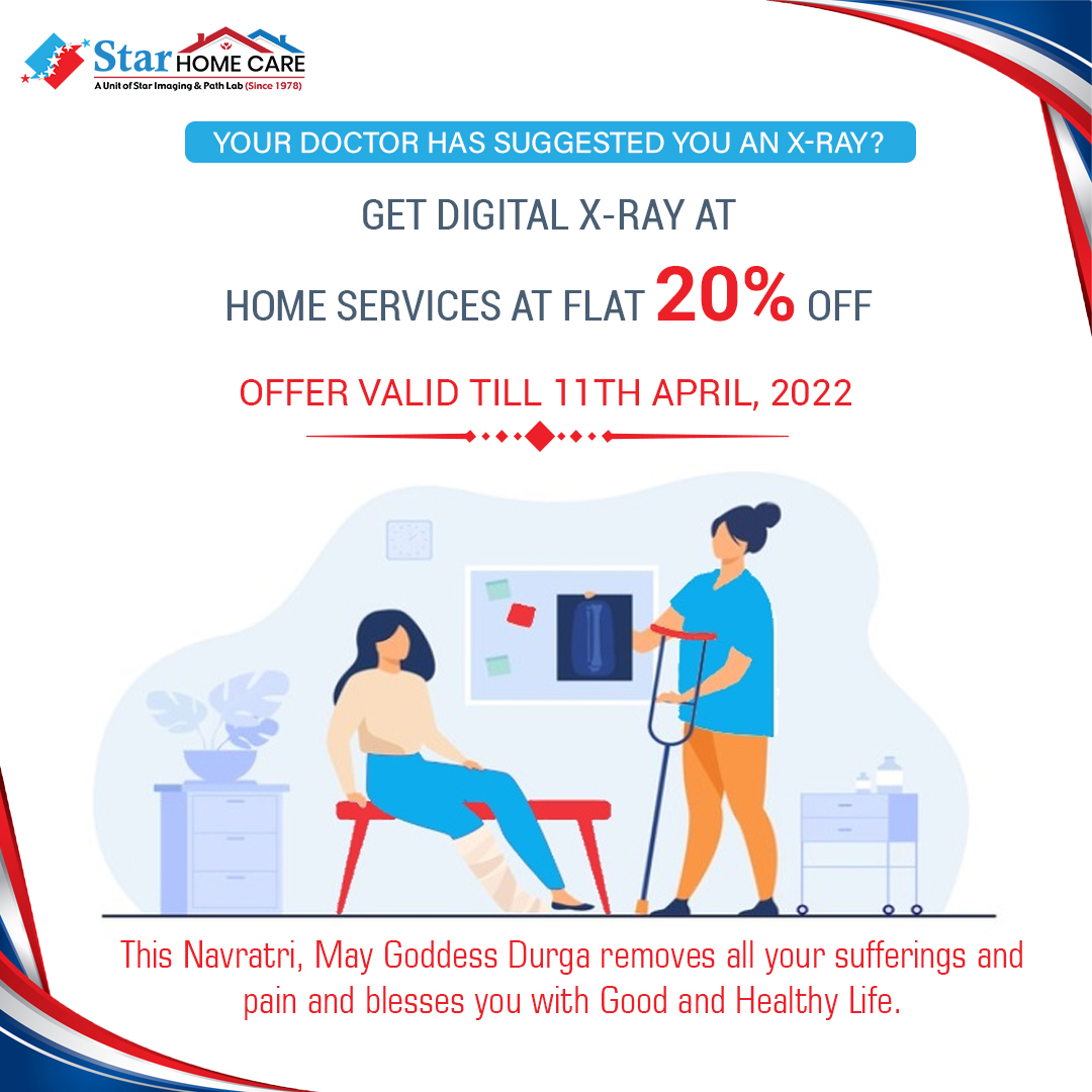 star_home_care's tweet photo. Patientโs Health & comfort is our first priority. Avail STAR HOME CAREโs Navratri special 20% off on Digital X-Ray at Home Services. Offer Valid Till April 11. Book your appointment with us. Call us Now at +91-9811469489 or visit: https://t.co/RdlZOuvqkz
#starhomecare #xrayathome https://t.co/Irl7gI2koT